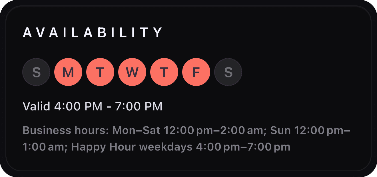 Perkhaus availability schedule showing Mon–Fri active days with 4–7 PM window