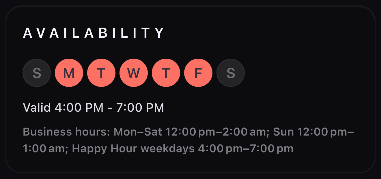 Perkhaus availability schedule showing Mon–Fri active days with 4–7 PM window