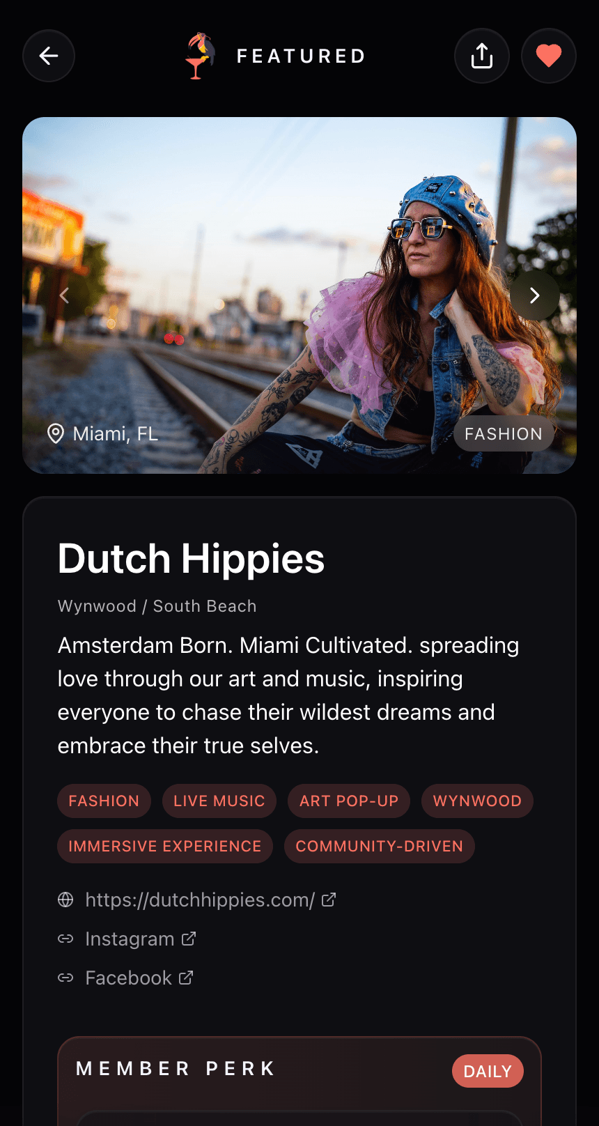 Perkhaus venue listing for Dutch Hippies with hero photo, name, and editorial write-up