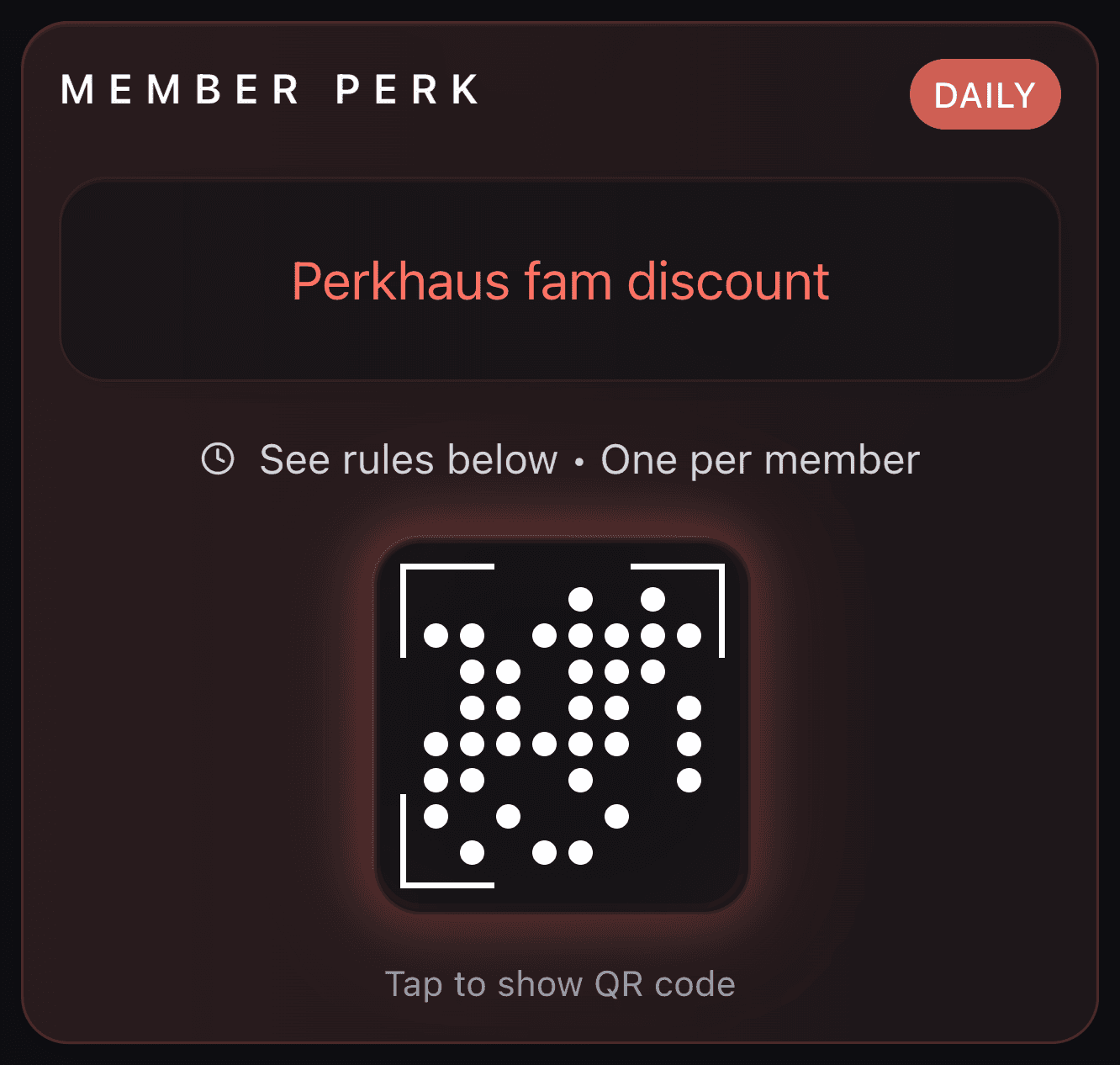 Perkhaus member perk QR card titled ‘Perkhaus fam discount, daily’
